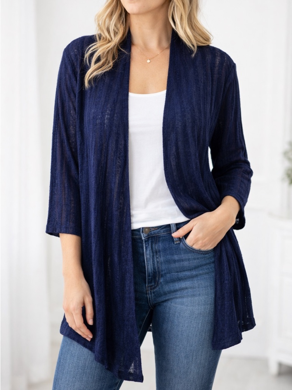 Tanjay Navy Blue Lightweight Open Front Cardigan